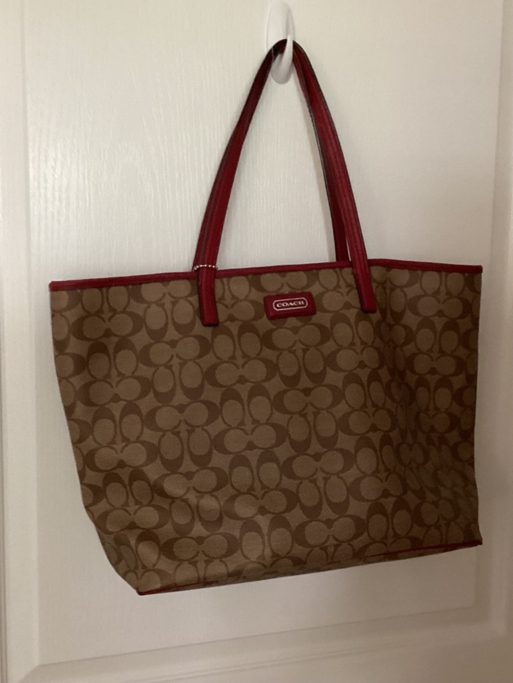 Coach Park Metro Tote in Signature Khaki with Cherry Trim